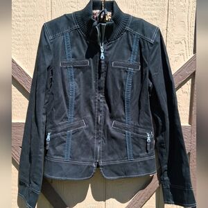 LOFT Black Bomber Jacket with Blue Trim